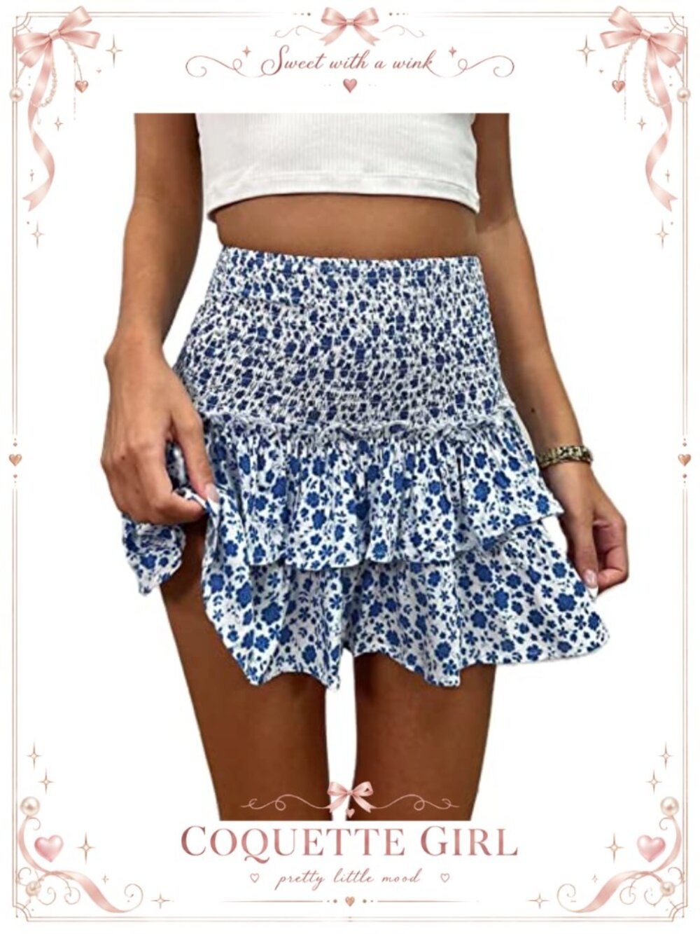 Women Preppy Y2K Floral Pleated High Waist Tiered Ruffle Mini Skirt